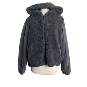 Zella Faux Shearling Bomber Jacket Hooded Gray Womens XL NWOT
